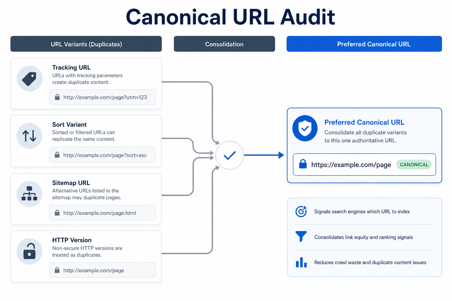 Canonical audit map showing unique pages, duplicates, redirects, and preferred URLs.