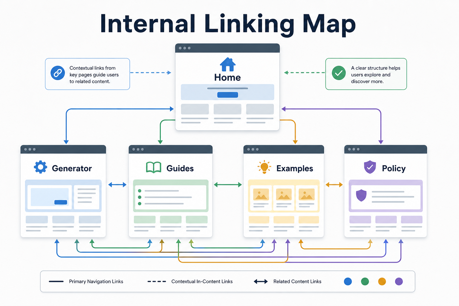 Internal linking map connecting tool, guides, examples, and policy pages.