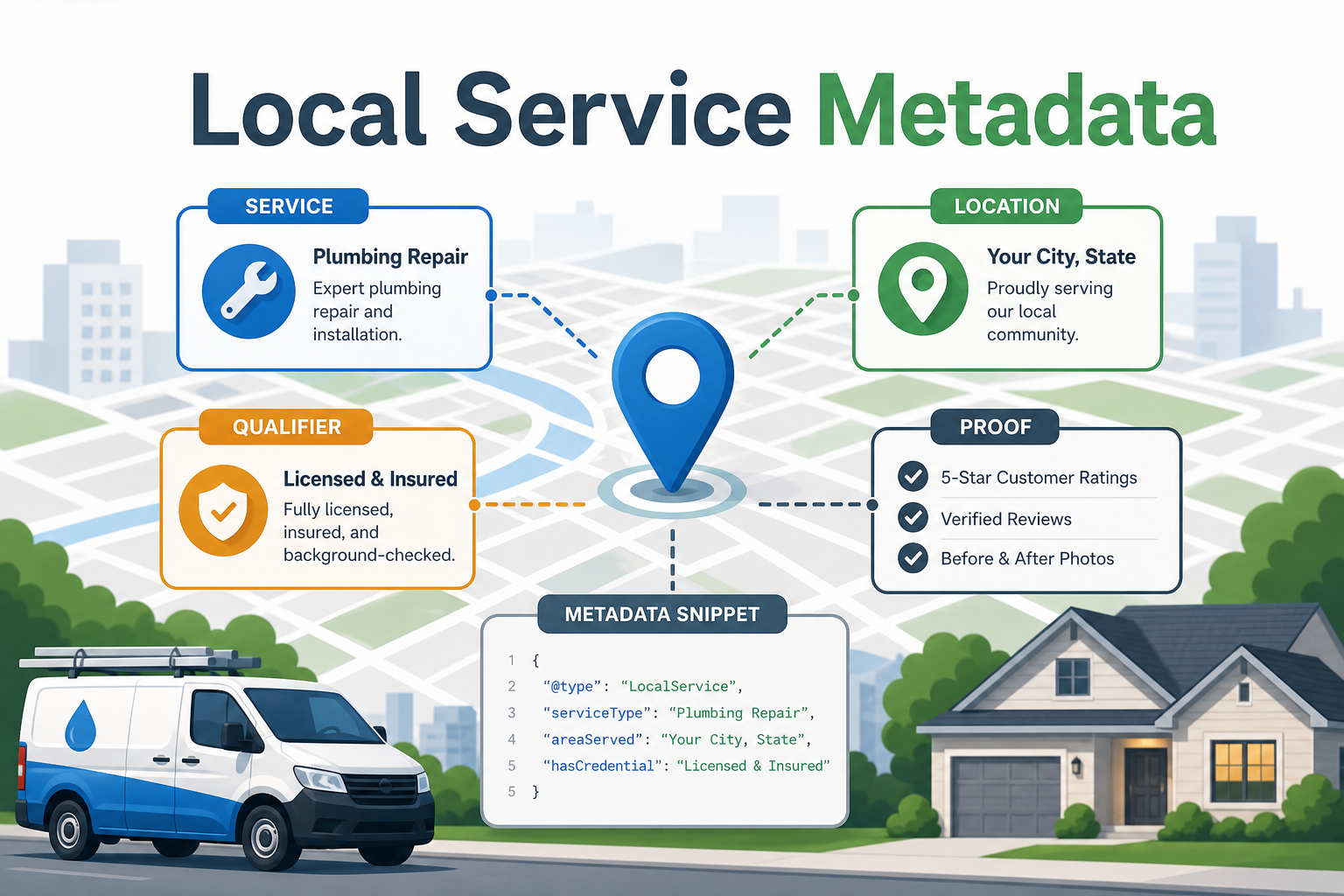 Local service page metadata map with service, city, proof, and next-step fields.