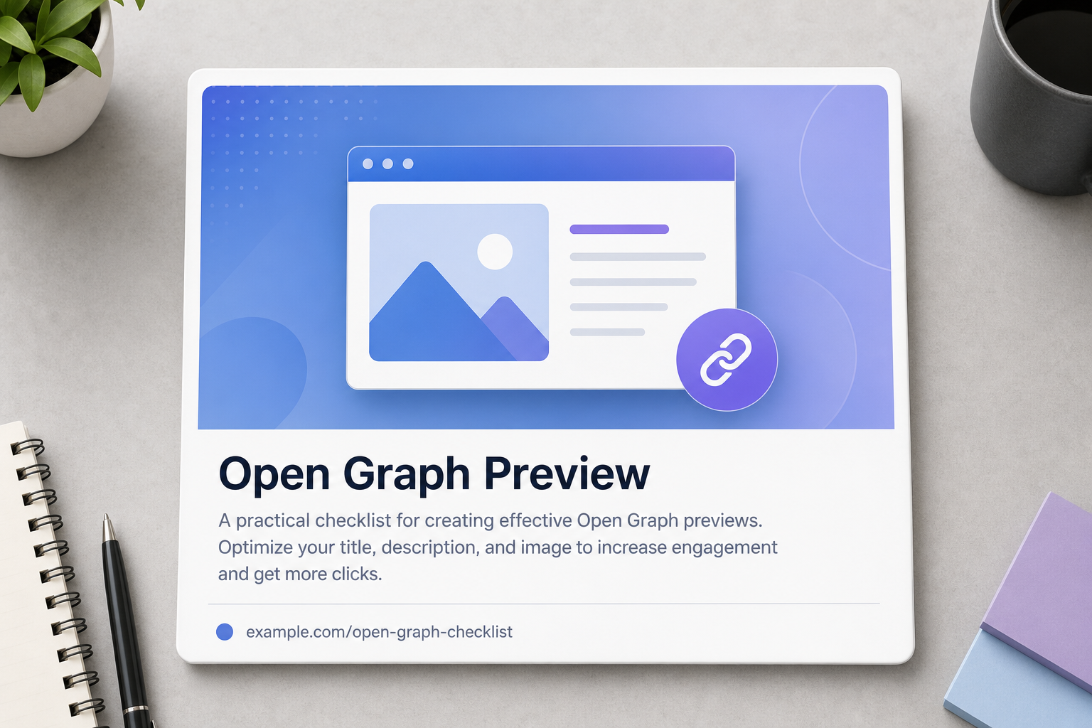 Open Graph preview diagram with title, description, image, and URL fields.