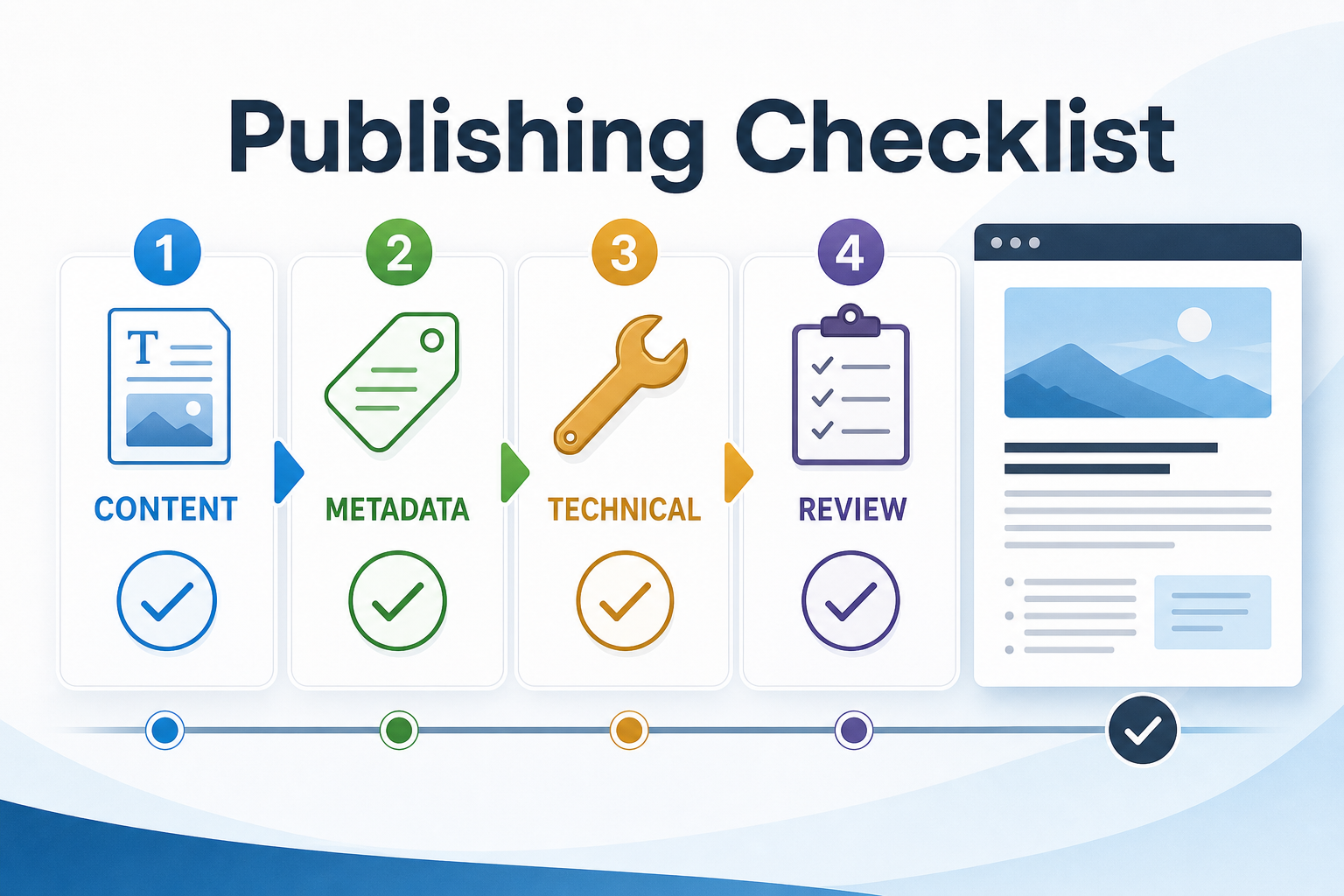 Publishing checklist diagram with content, metadata, technical, and review stages.