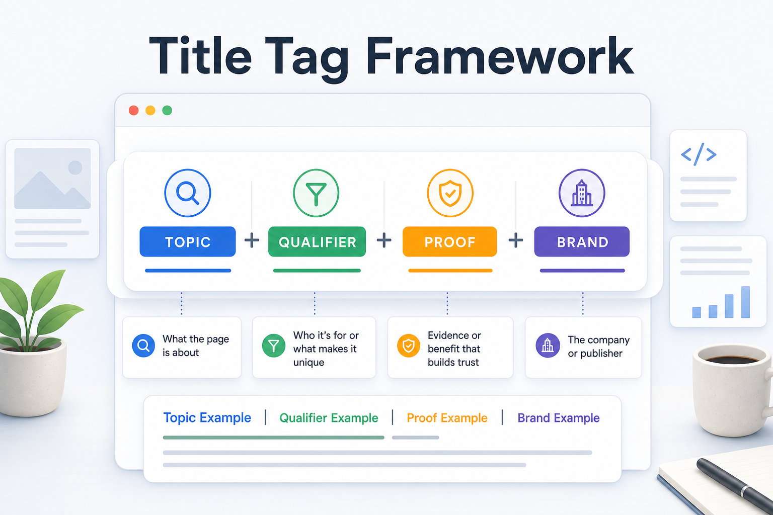 Diagram showing a title tag built from topic, qualifier, proof, and brand components.